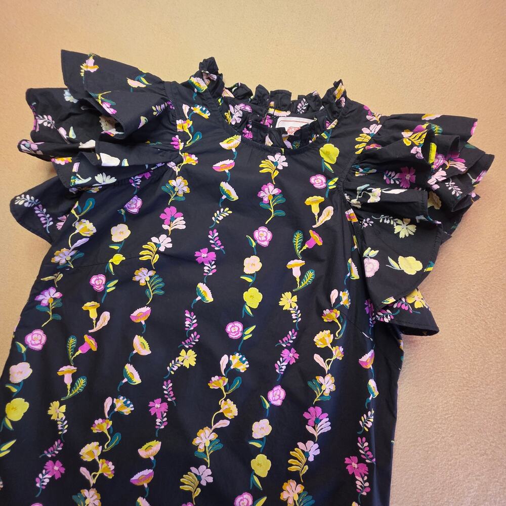 Banjanan Klara Top Floral Onyx Black Sz XS Ruffle Sleeves